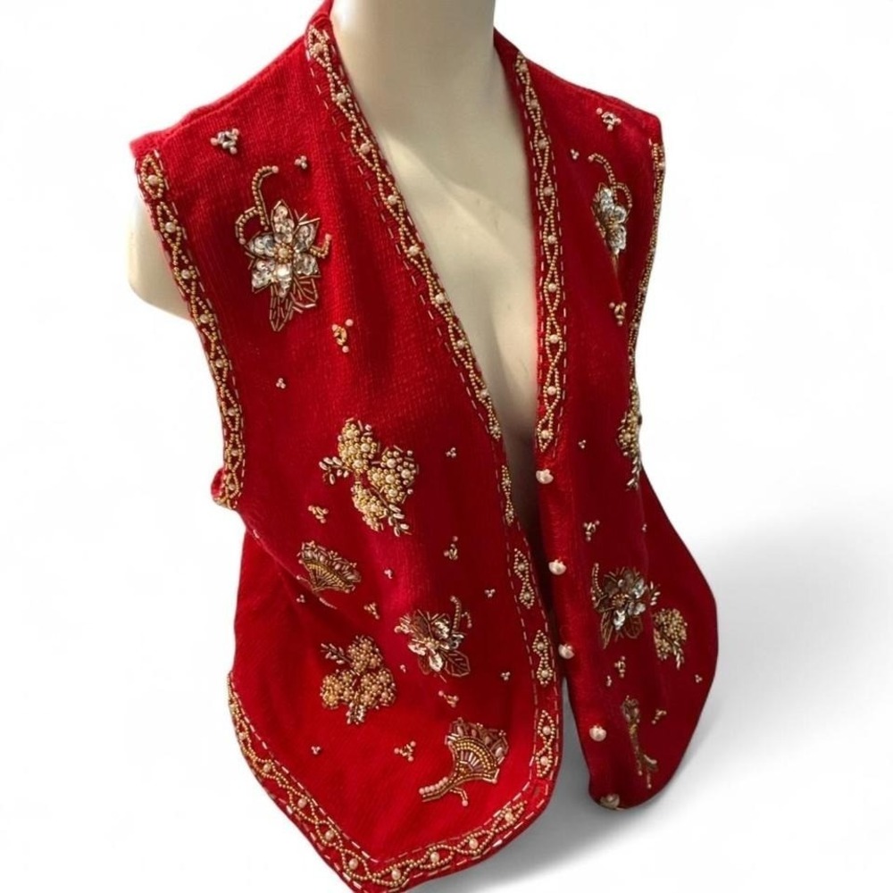 Vintage 1997 Claudia D.‎ Red Beaded Vest | Pearl Sequin Holiday Statement